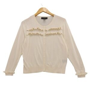 August Silk Cream Ruffle Front Button Down Cardigan Sweater Womens Medium